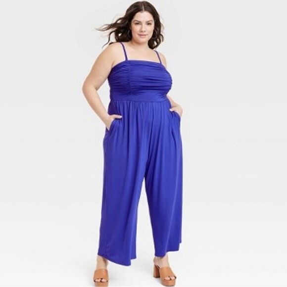 NWT Ava & Viv Strapless or Straps Ruched Jumpsuit Pockets Wide Leg Blue Sz 2X - Picture 2 of 10